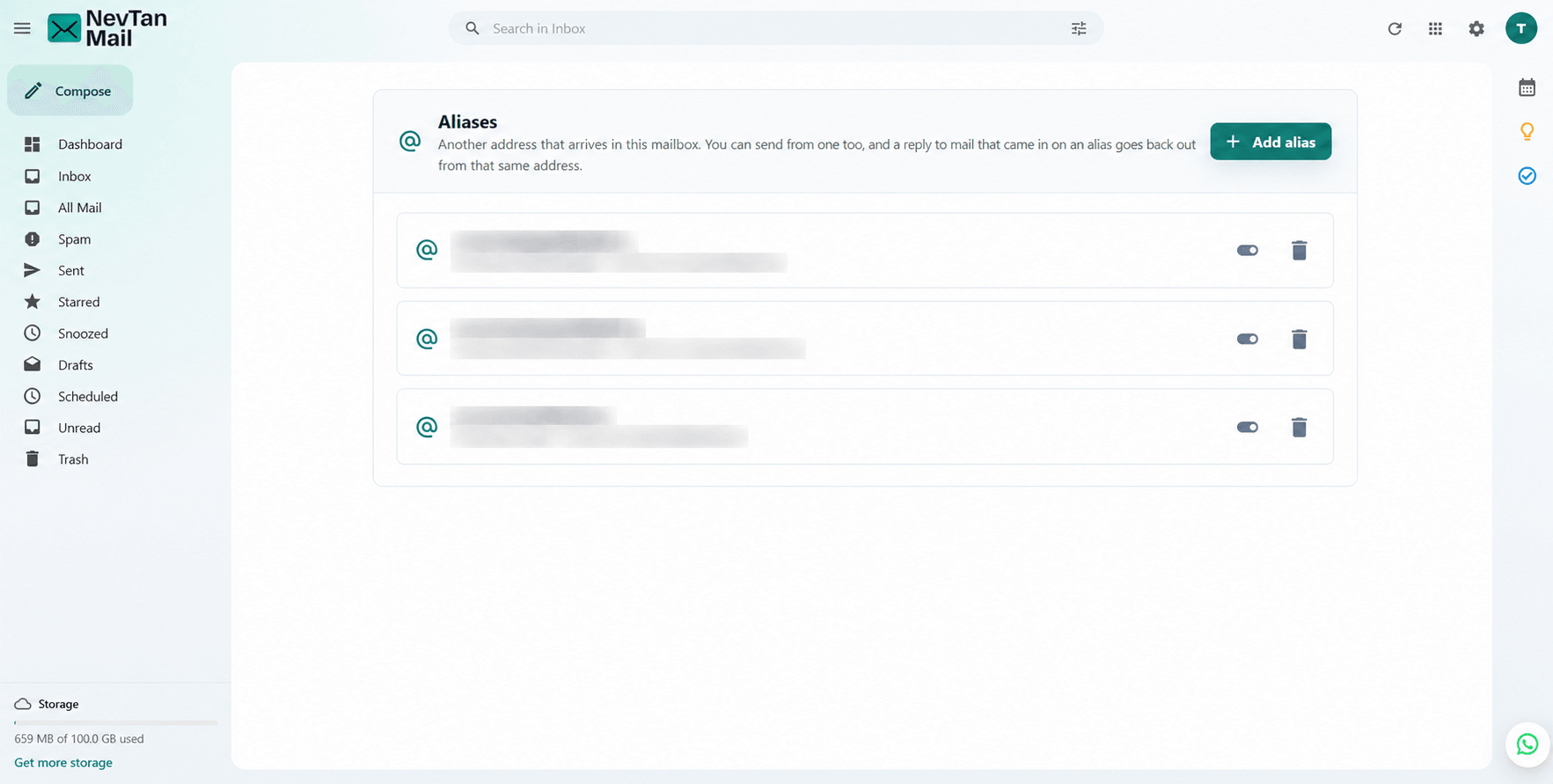 Aliases screen listing aliases with on/off toggles and a delete control