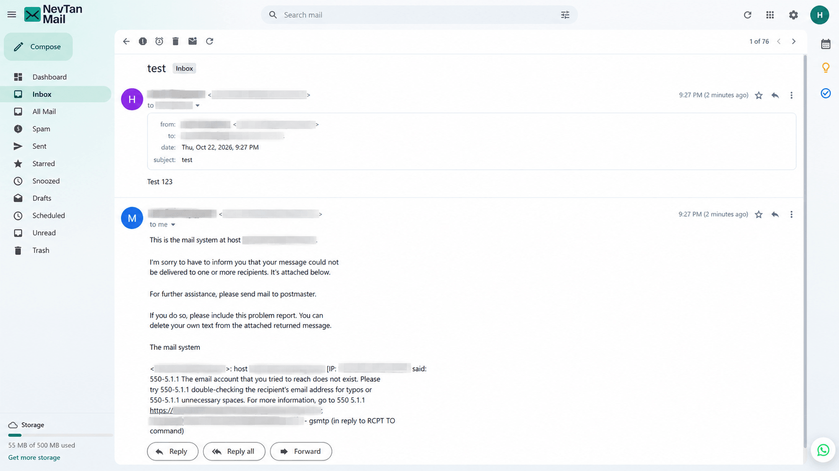 A delivery failure message open in the inbox, showing the reason it was refused
