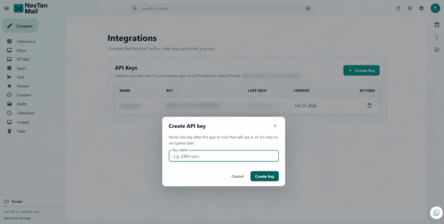 The Create API key dialog, with a Key name field