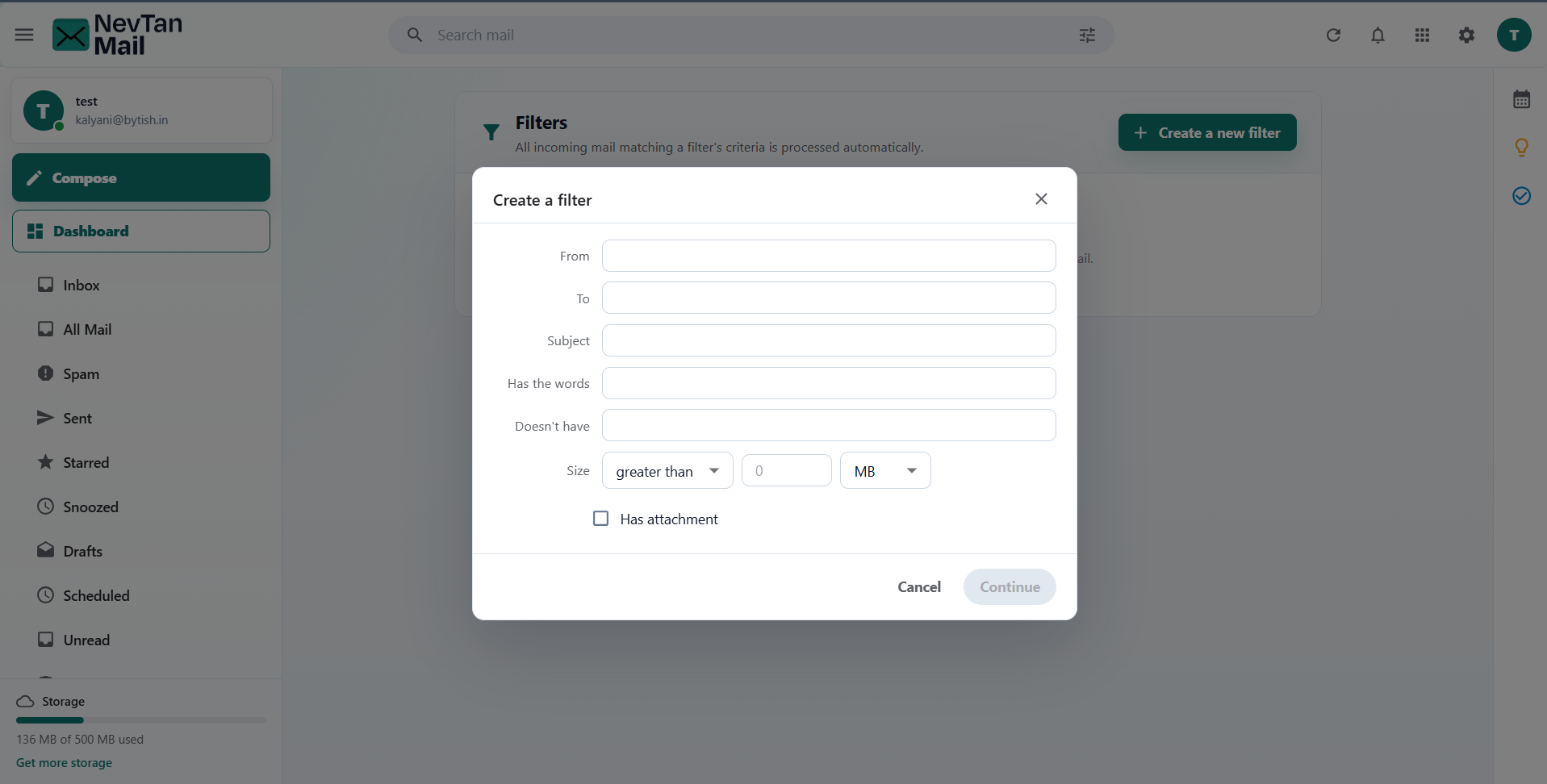 Filter criteria form with From, To, Subject, Has the words and Size fields