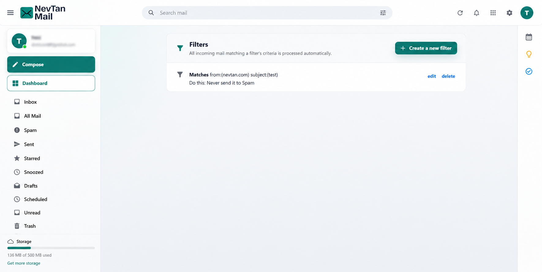Filters screen listing saved filters with their match and action summaries