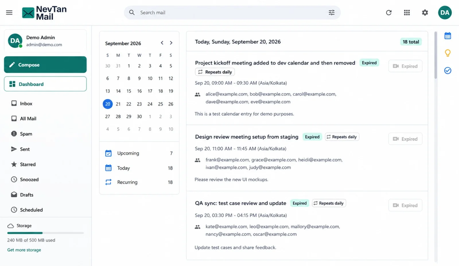 NevTan Mail calendar view with an upcoming meeting