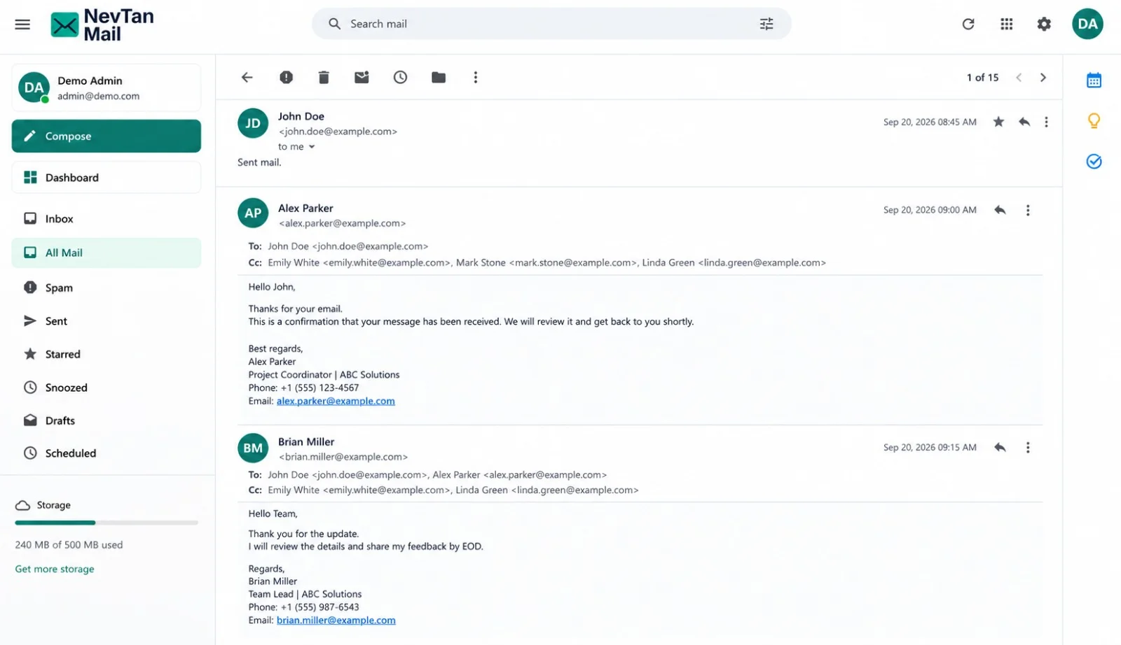 NevTan Mail inbox showing a real email thread
