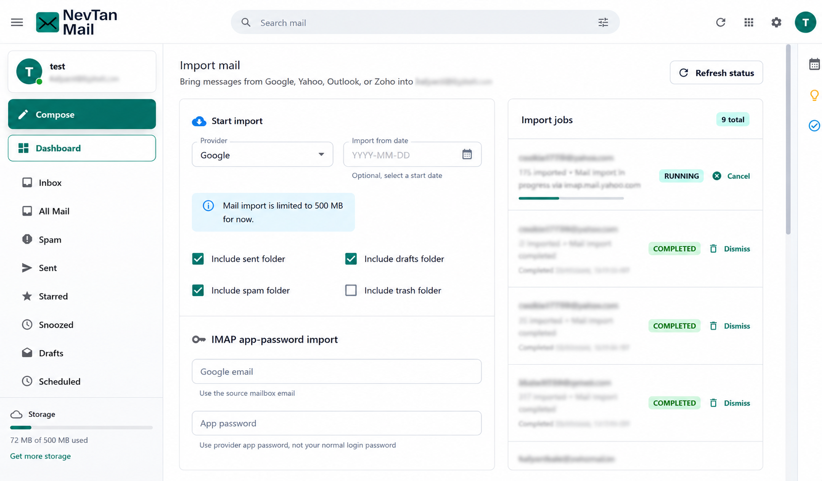 Import mail form with provider, source email, app password, and folders