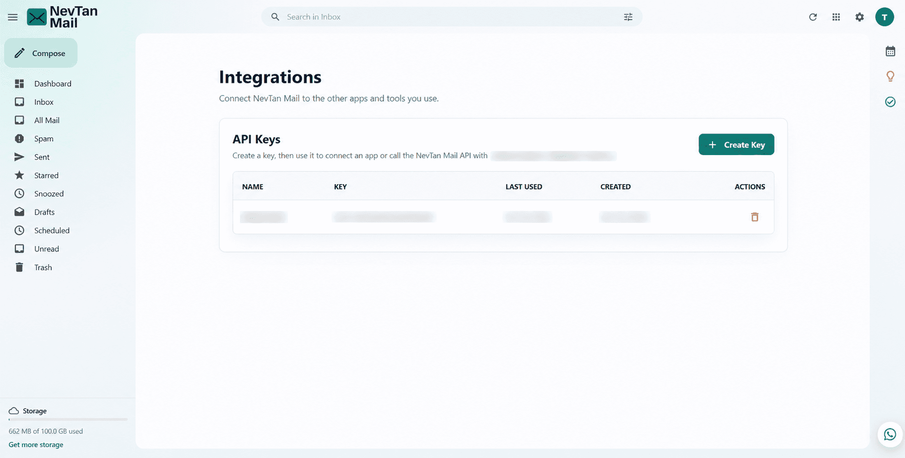 The Integrations screen, with the API Keys card and a key listed in the table