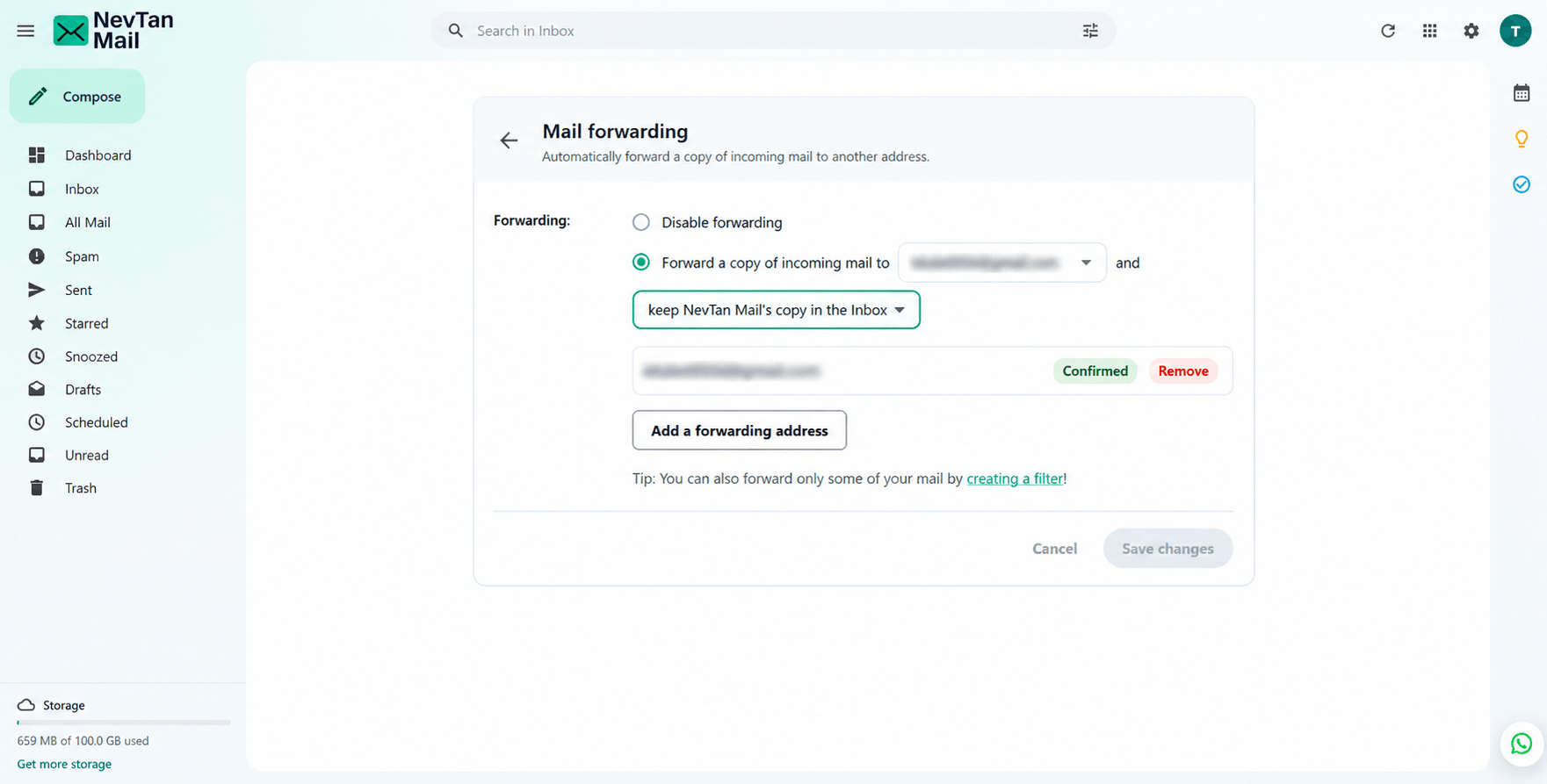 Mail forwarding screen with a confirmed address and the copy-handling option