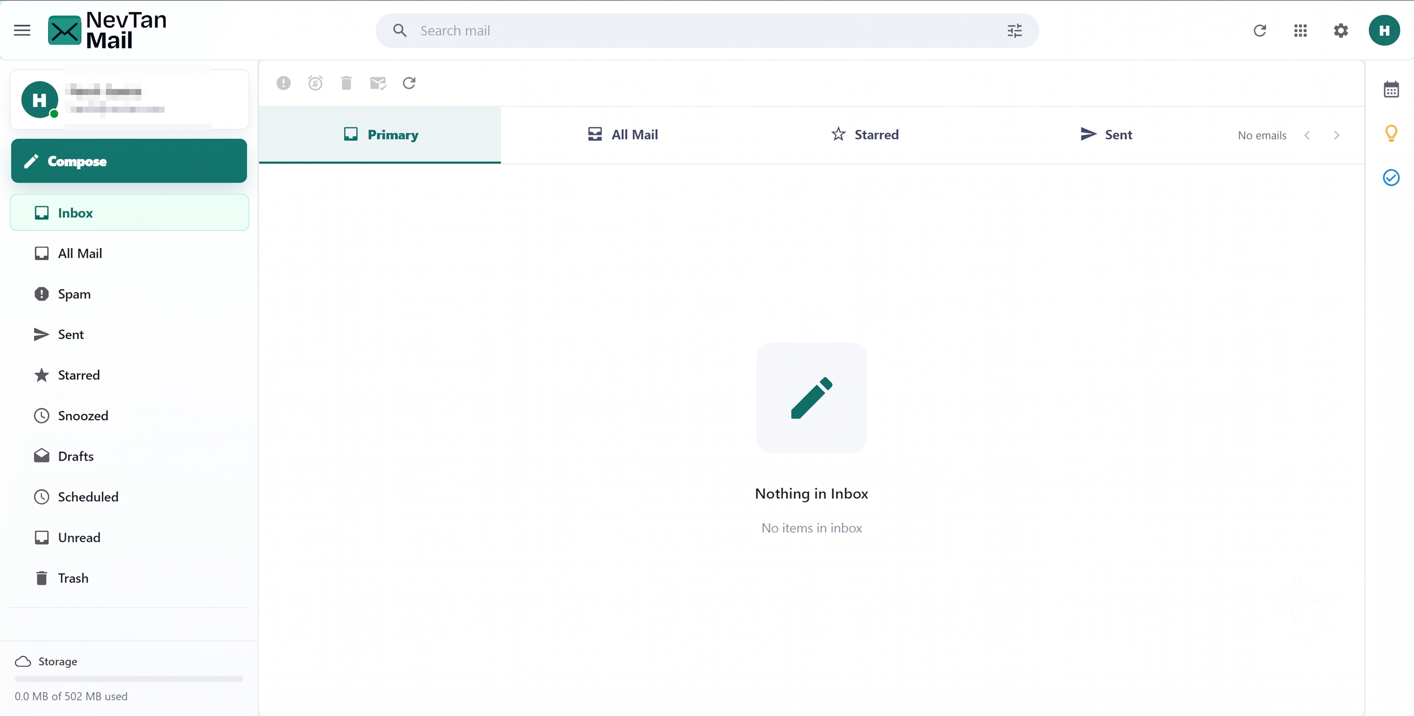 NevTan Mail inbox with the folder sidebar and message list