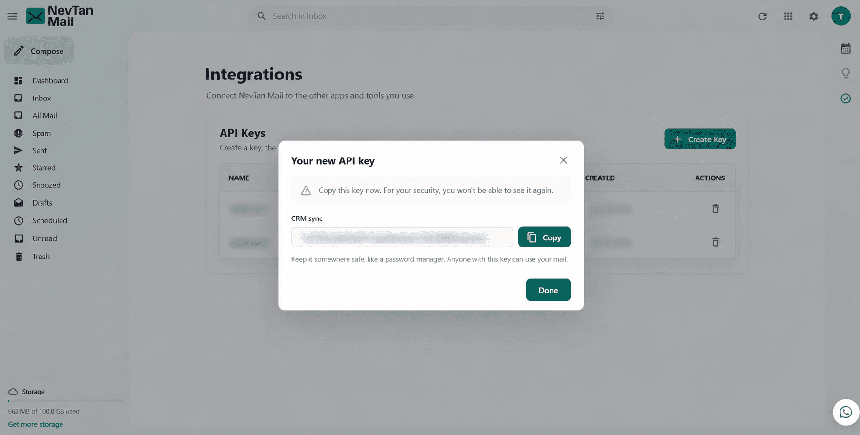 The dialog showing a newly created key, with a warning that it cannot be seen again