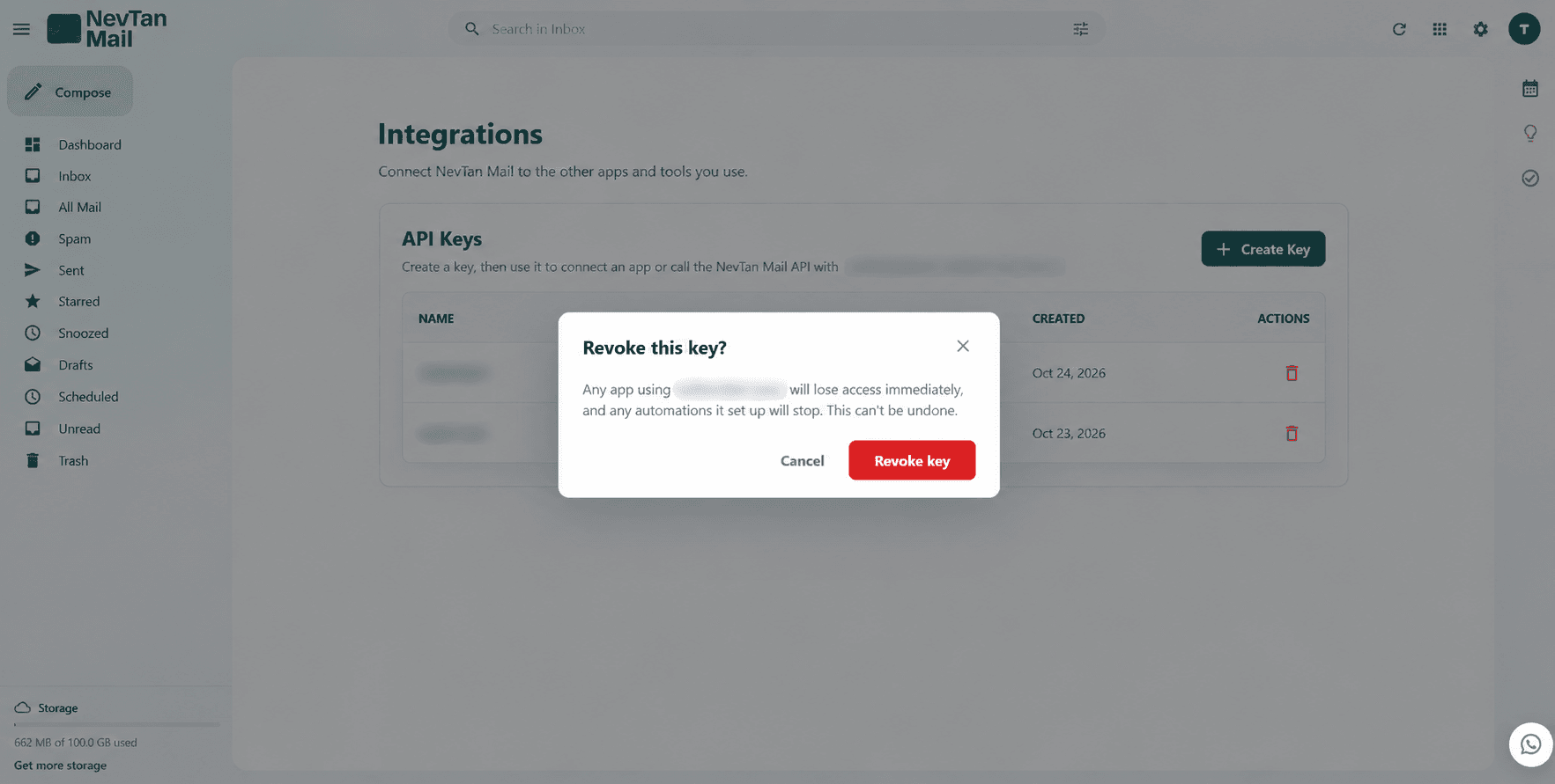 The Revoke this key? confirmation dialog