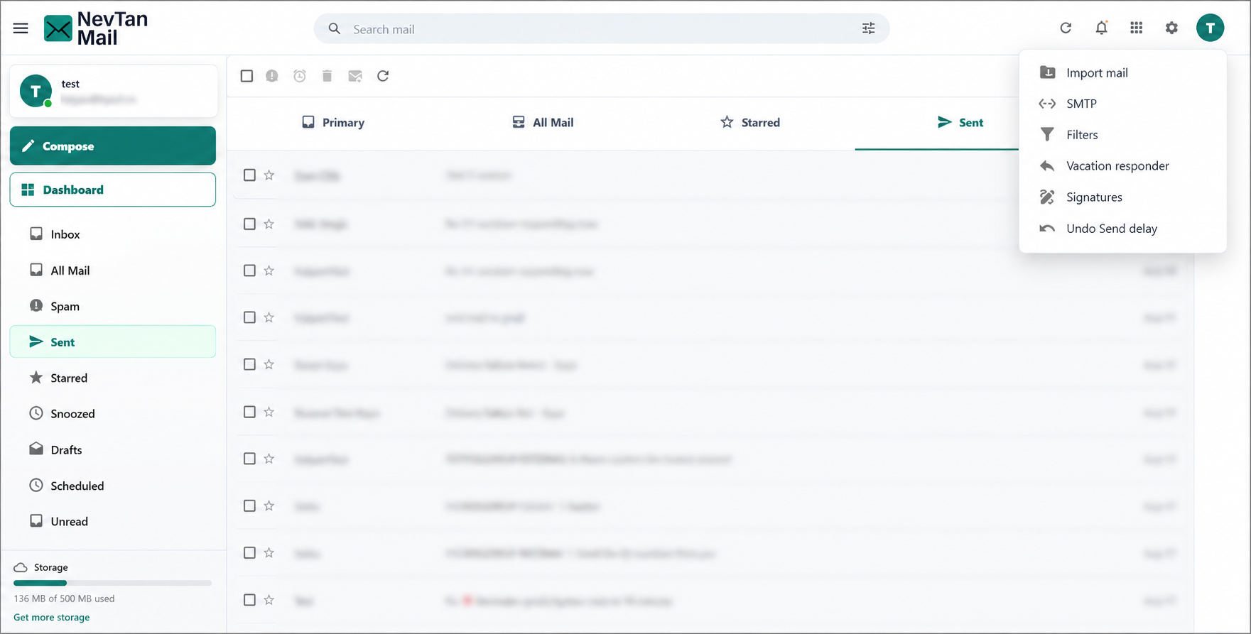 Settings menu with Import mail, SMTP, Filters, Signatures and Undo Send delay