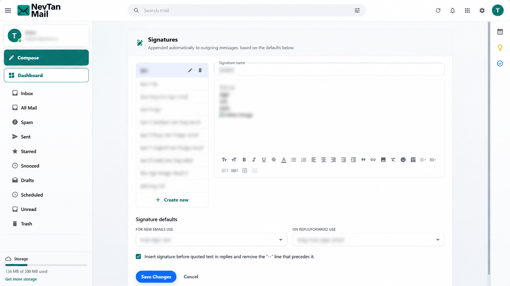 Signatures screen with the signature list, editor, and default selectors