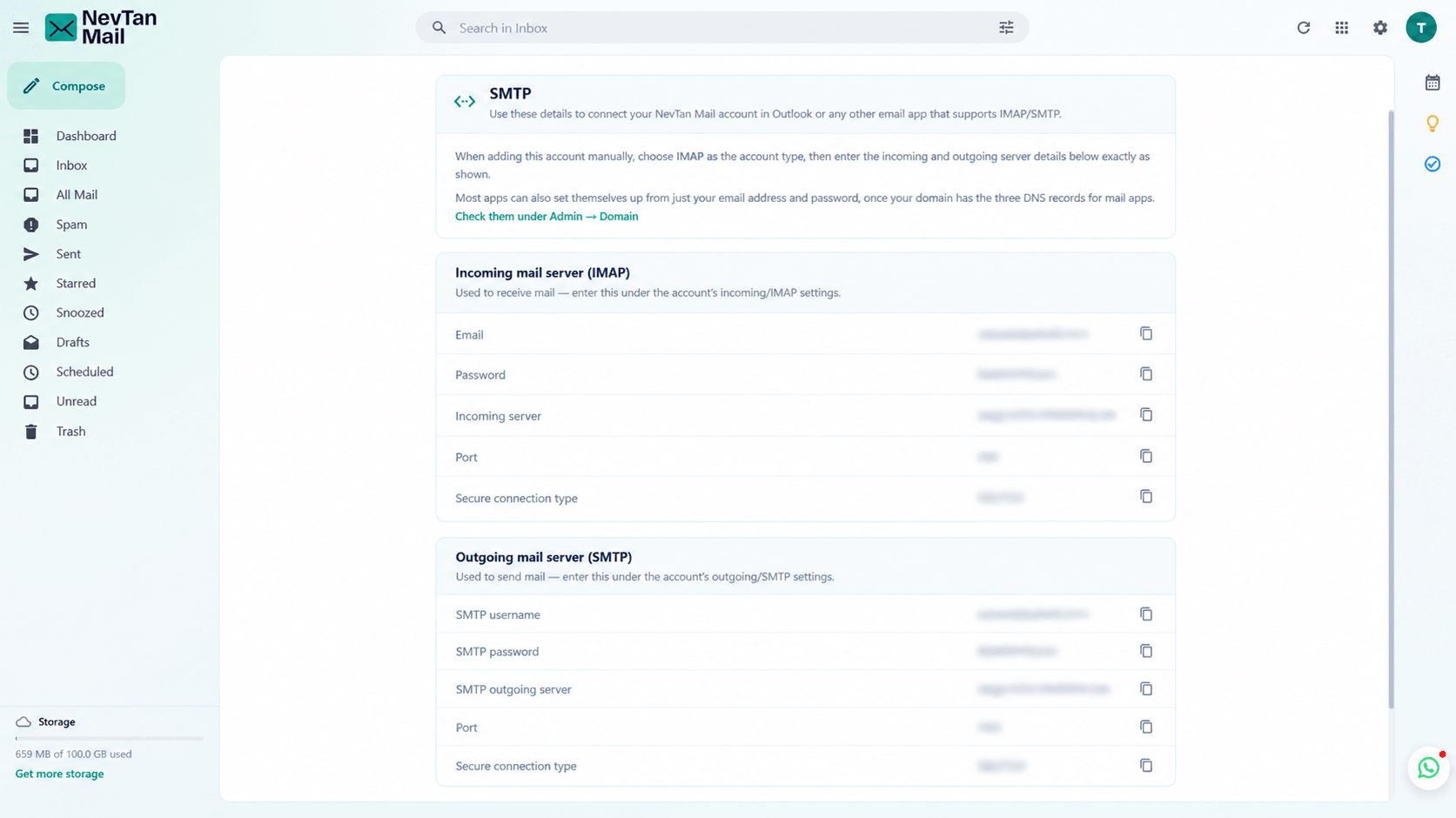 SMTP screen showing the incoming IMAP and outgoing SMTP server settings