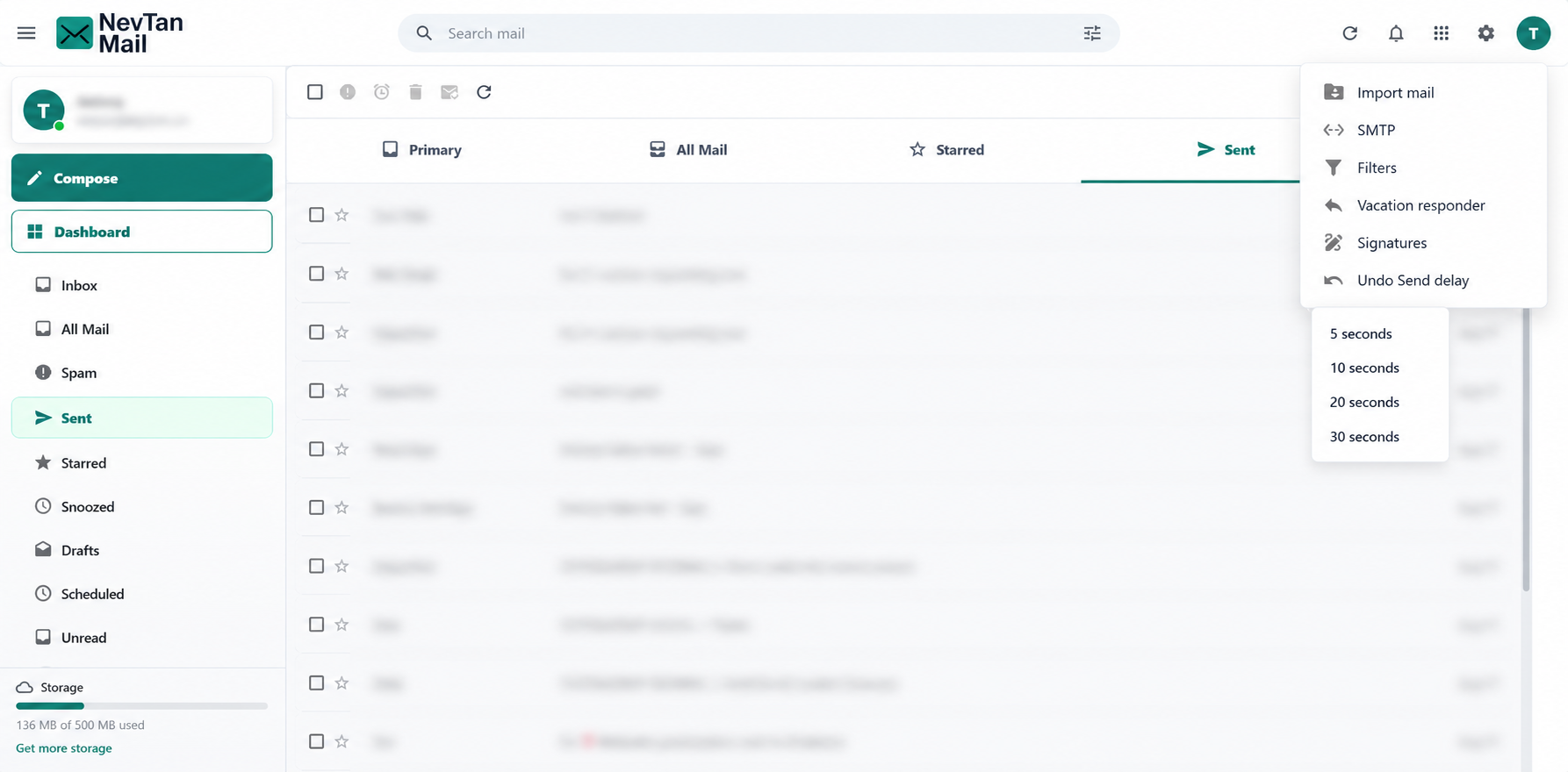 Undo Send delay menu showing 5, 10, 20 and 30 second options