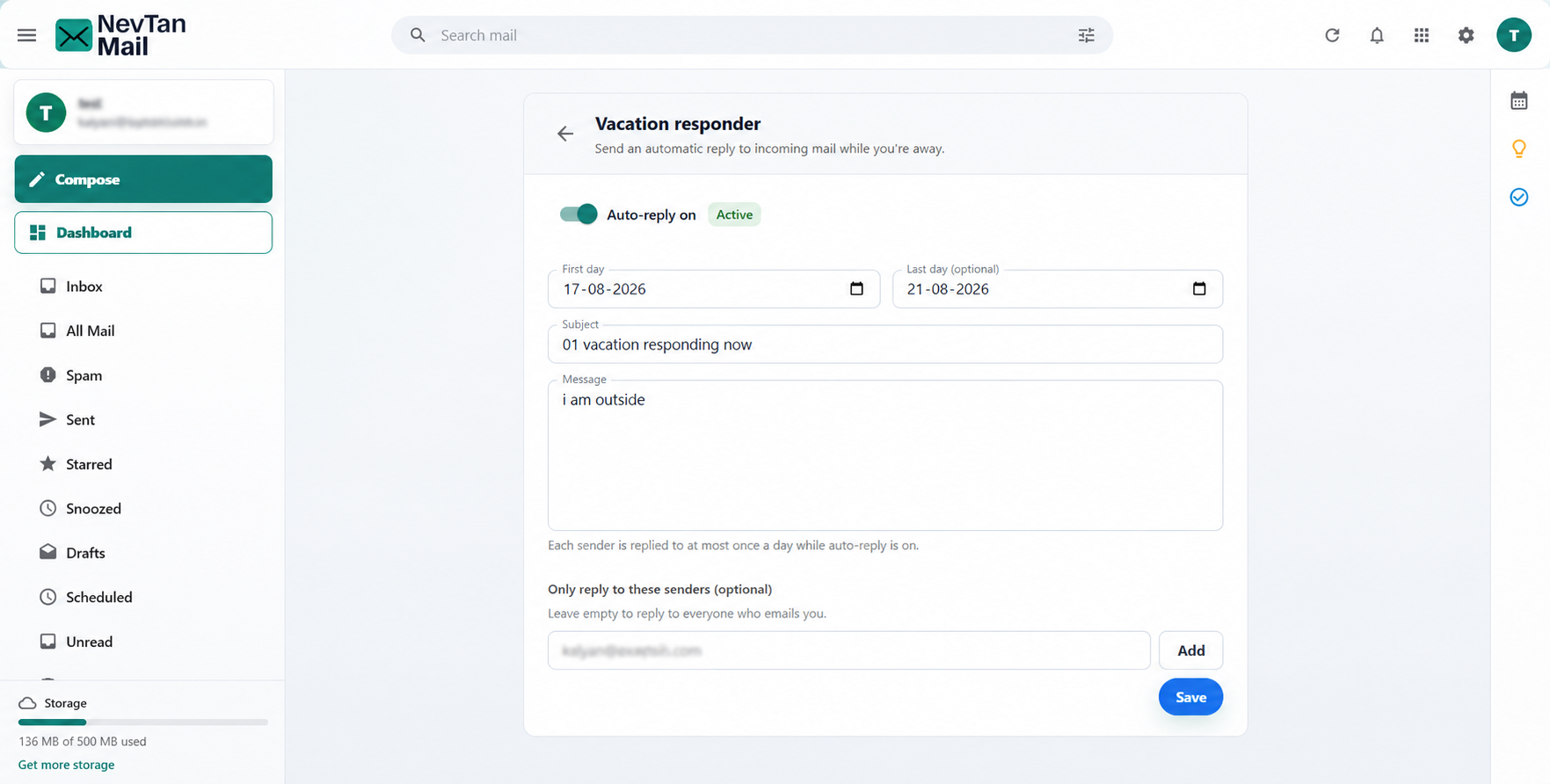 Vacation responder screen with the auto-reply switch on, a date range, subject and message